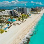 a beach view of hotels in Cancun Mexico